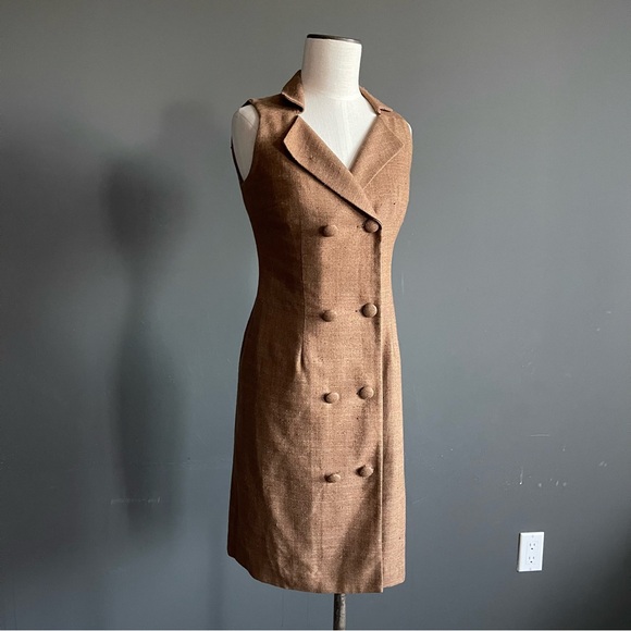 Barrie Pace Dresses & Skirts - Vintage Brown Raw Silk Sleeveless Blazer Dress Double Breasted Petite 2P